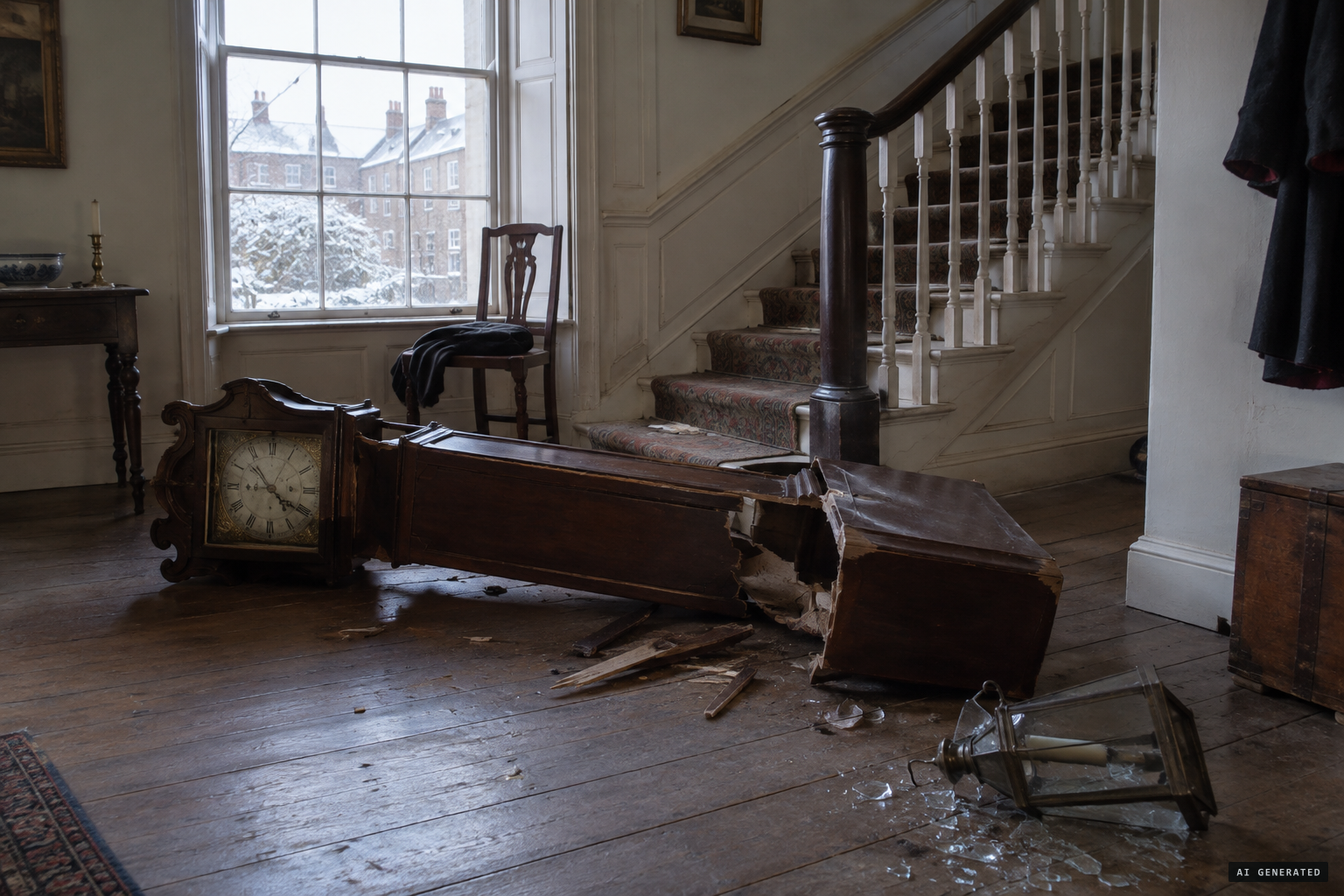 The clock tumbles down and the staircase lantern is thrown down