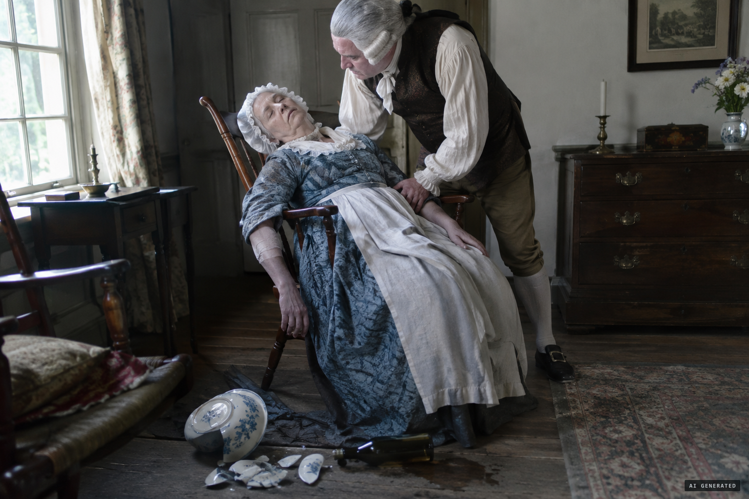 Mrs Golding faints at Mr Gresham's as his basin and rum bottle break