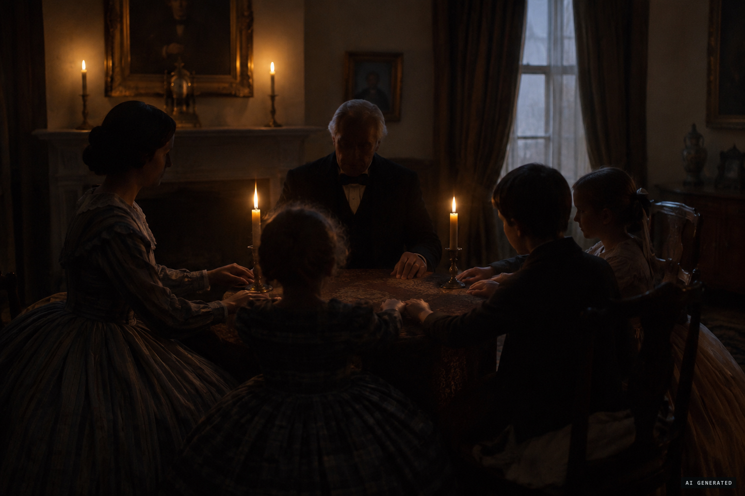 Rev. Eliakim Phelps and his family hold a séance with the rapping code