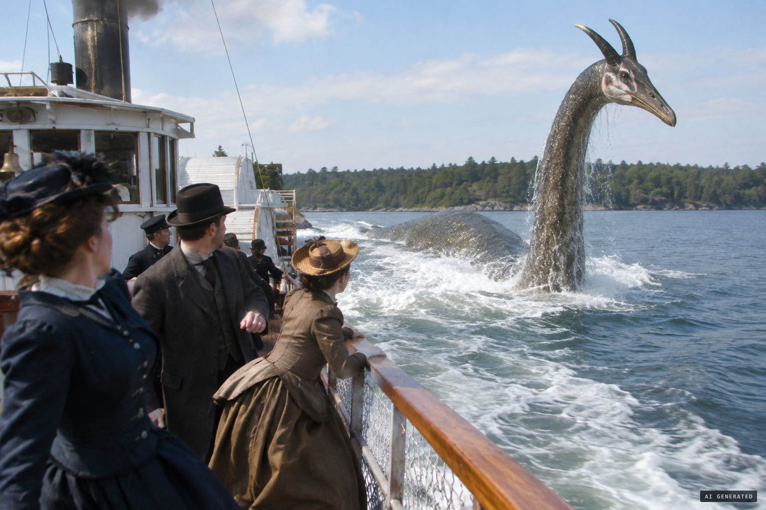 The monster chases the steamer Ogemah with extreme fierceness
