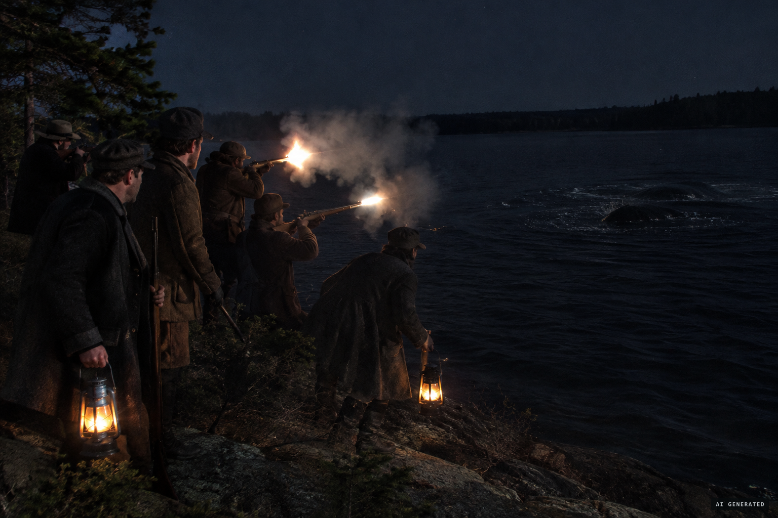 A night party fires at the creature and apparently misses