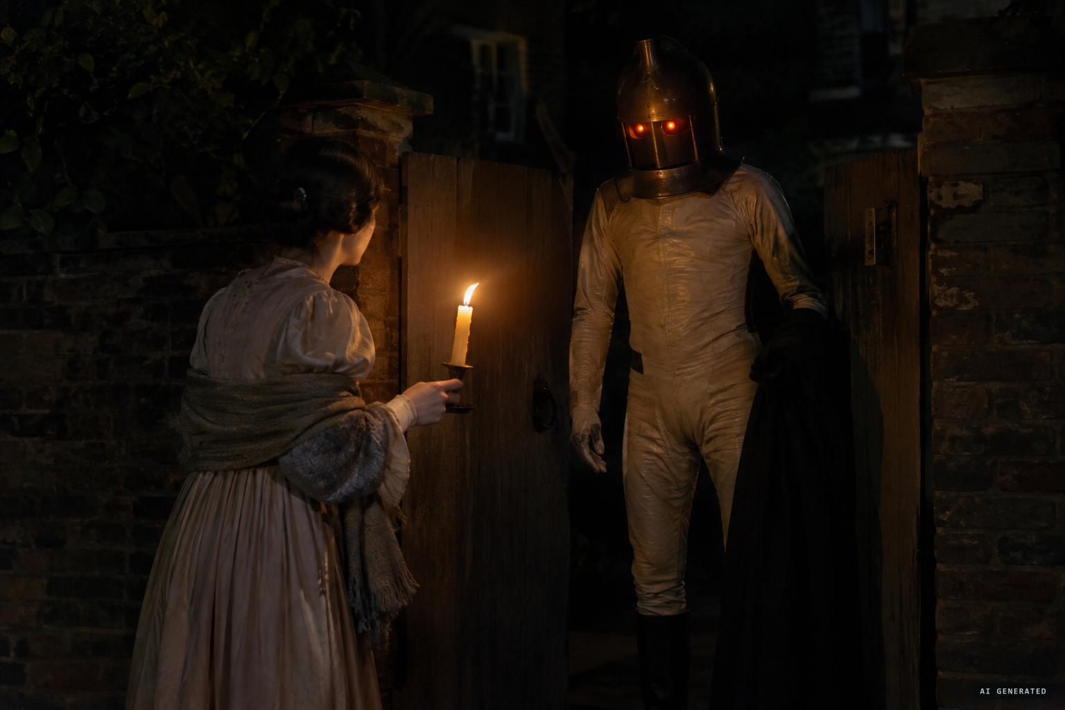 Jane Alsop brings the candle and the figure throws off his cloak