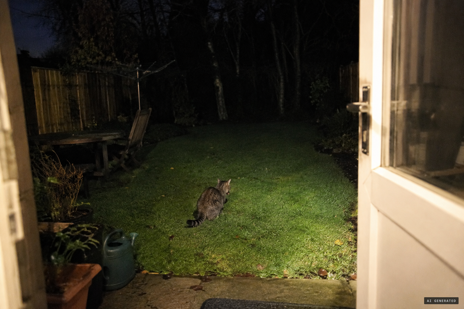 Around 2 a.m., the family tabby crying in the rear garden backing onto the copse