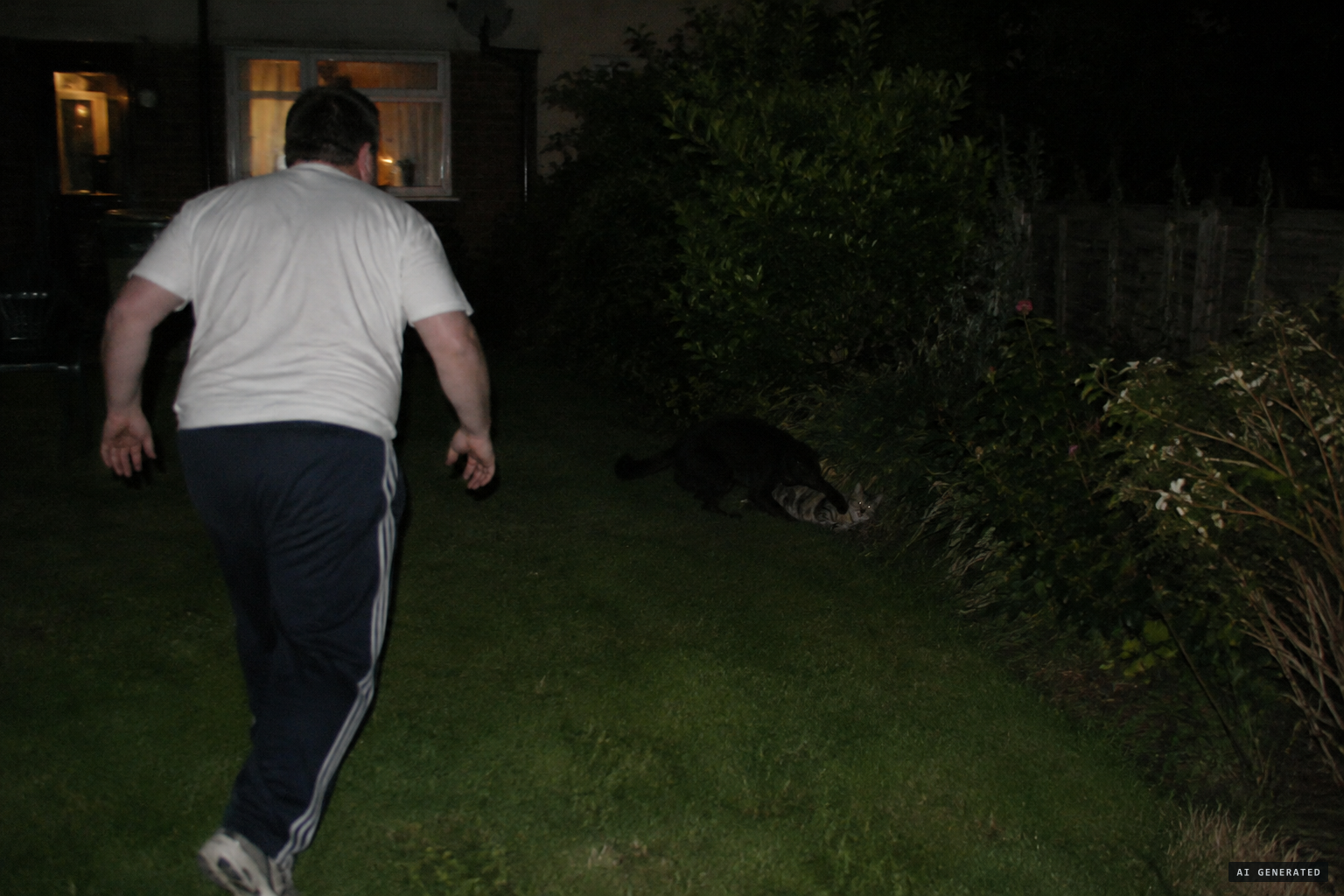Something has the cat pinned down; Holder takes it for a fox and moves in