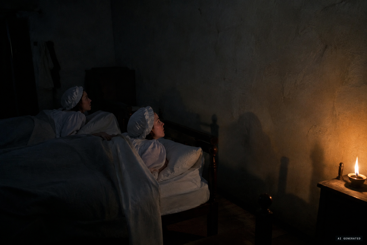 The maids, actually incapable of motion, hearing the knocking and moaning