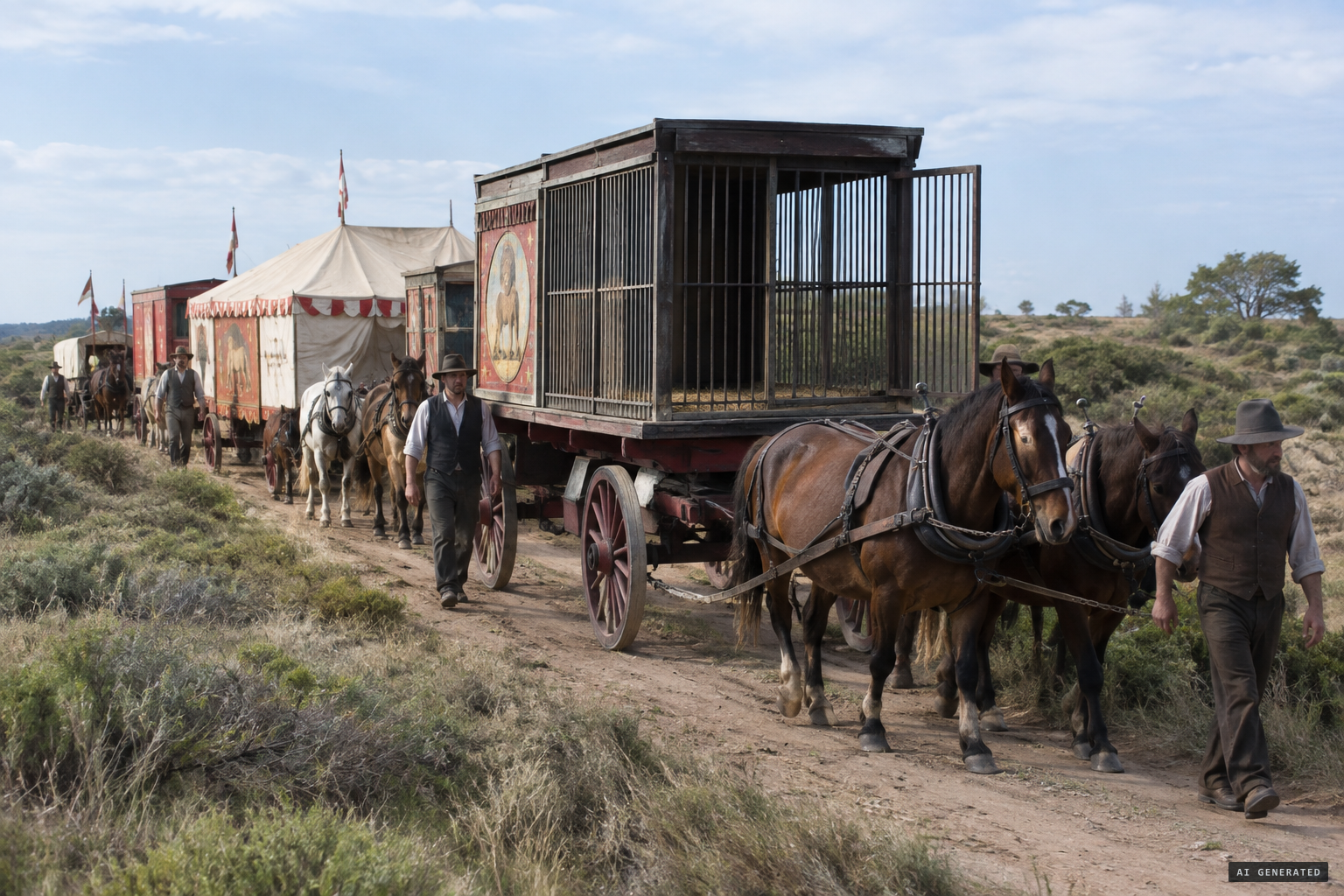 A travelling circus between Millicent and Mount Gambier, its tiger cage empty