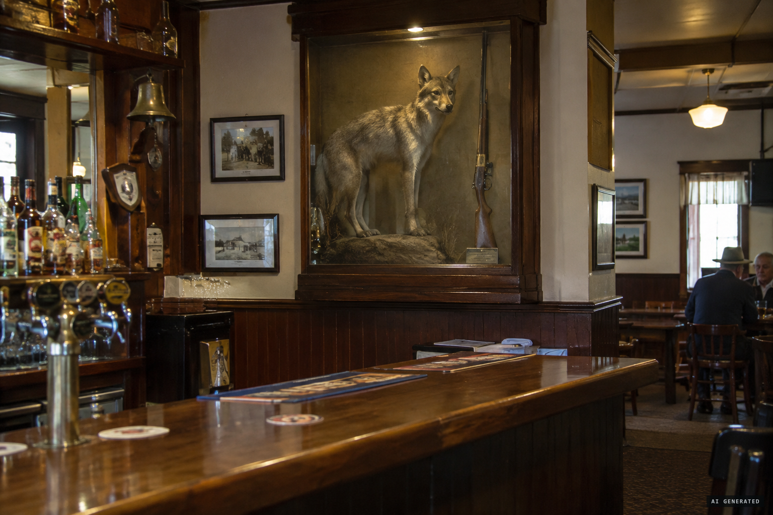 The animal in its glass case in the Tantanoola Tiger Hotel