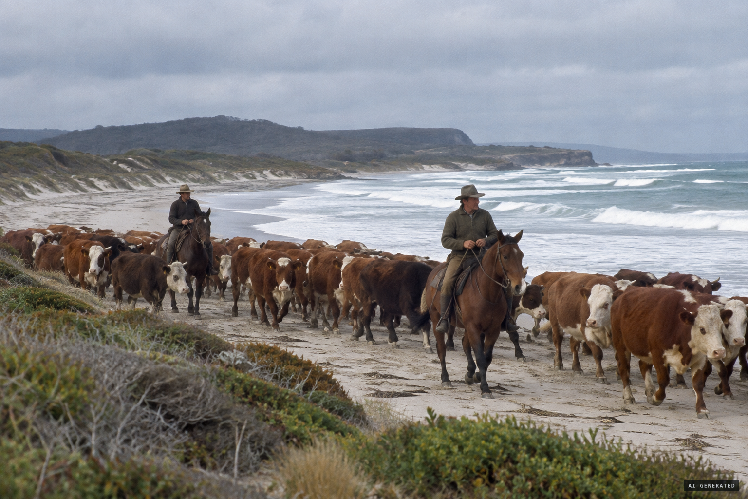 Stockmen droving cattle down Tasmania's west coast toward the Interview River