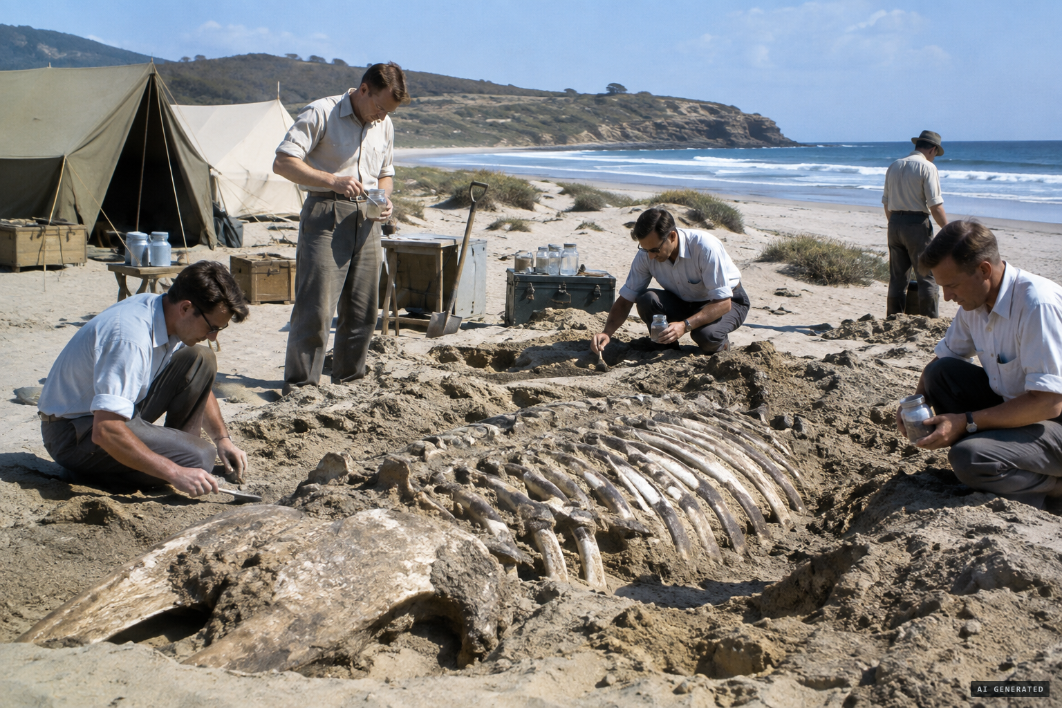The official party spends two days taking samples from the mostly buried carcass