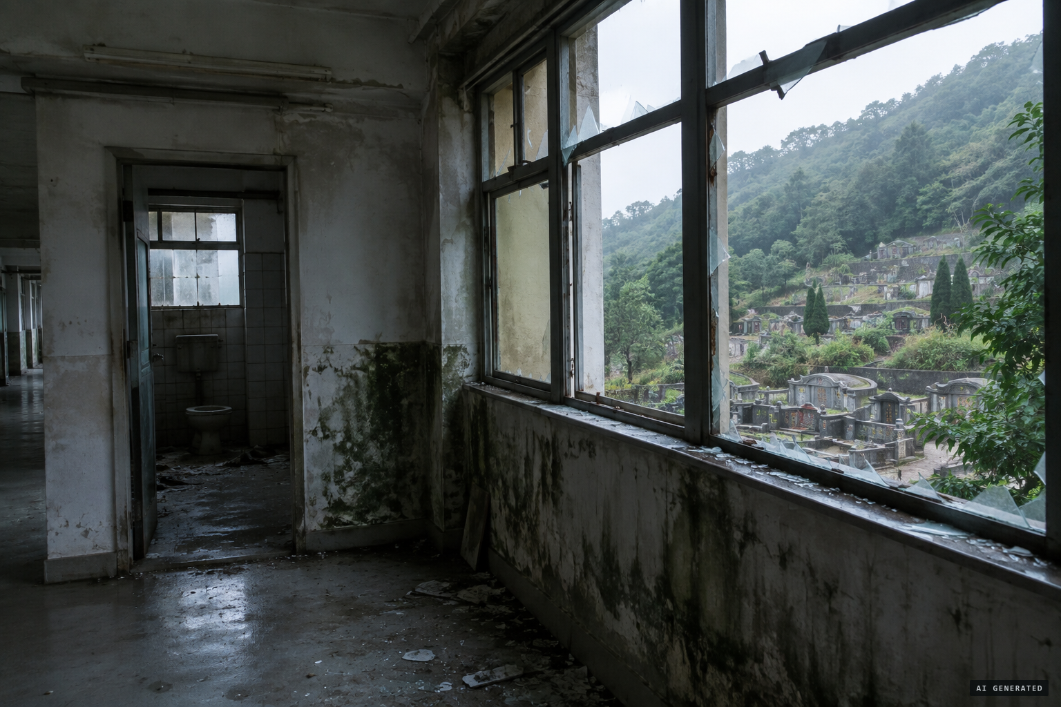 The empty school, said to hold war dead, a mass grave and a hanged headmistress