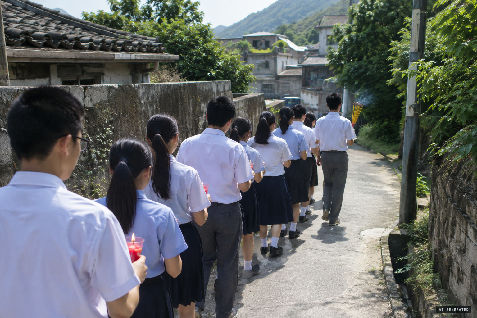 Twelve students follow lit incense toward Tat Tak School