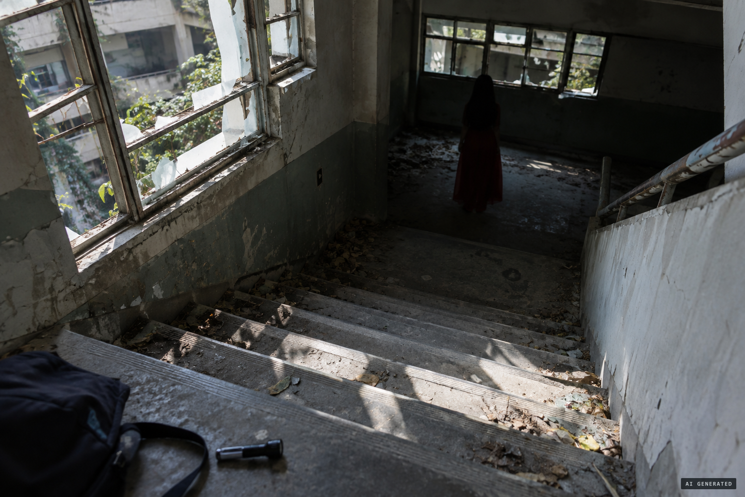 Ah Bing sees a woman in red on the stairs