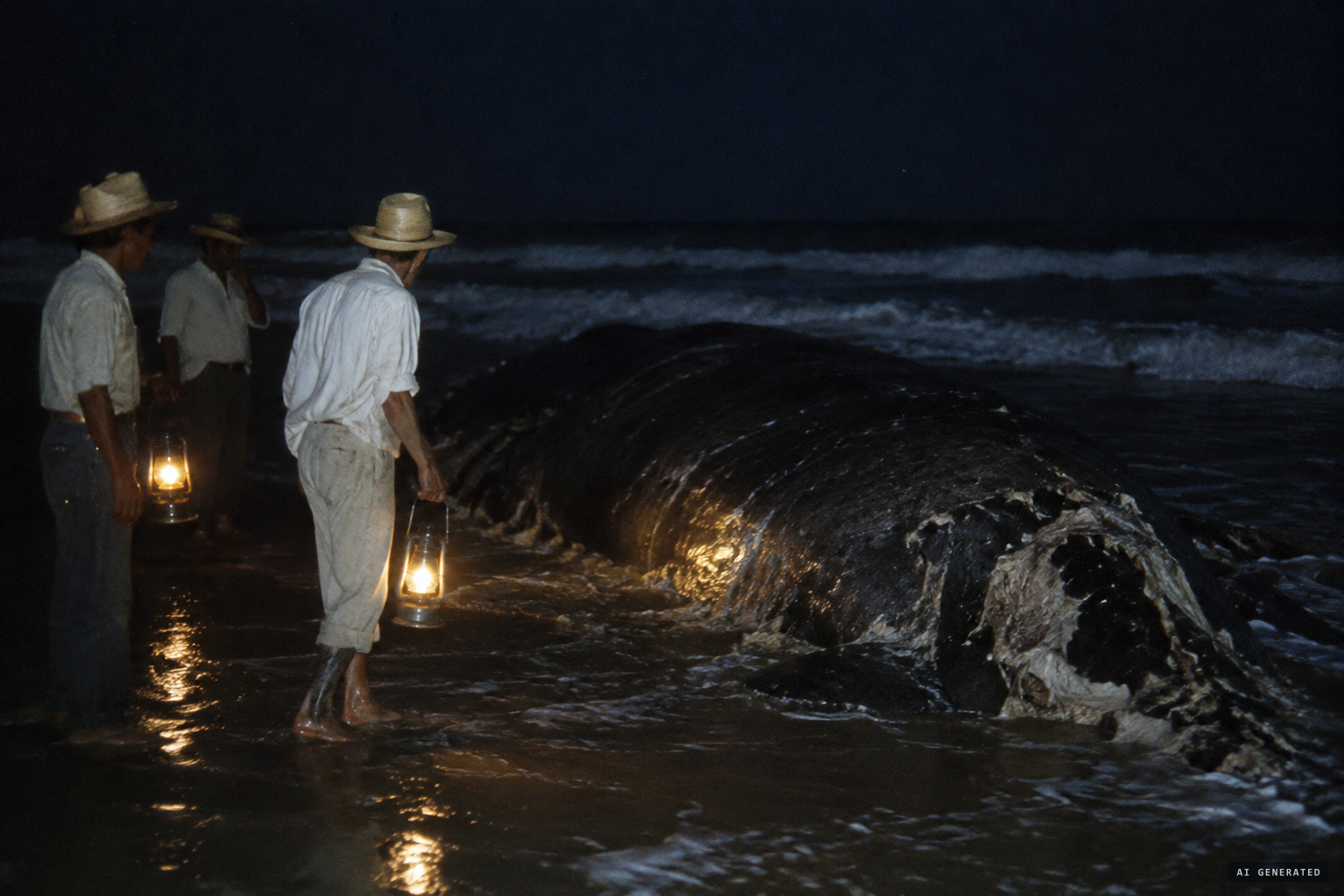 Farmers come upon the carcass on the beach at night