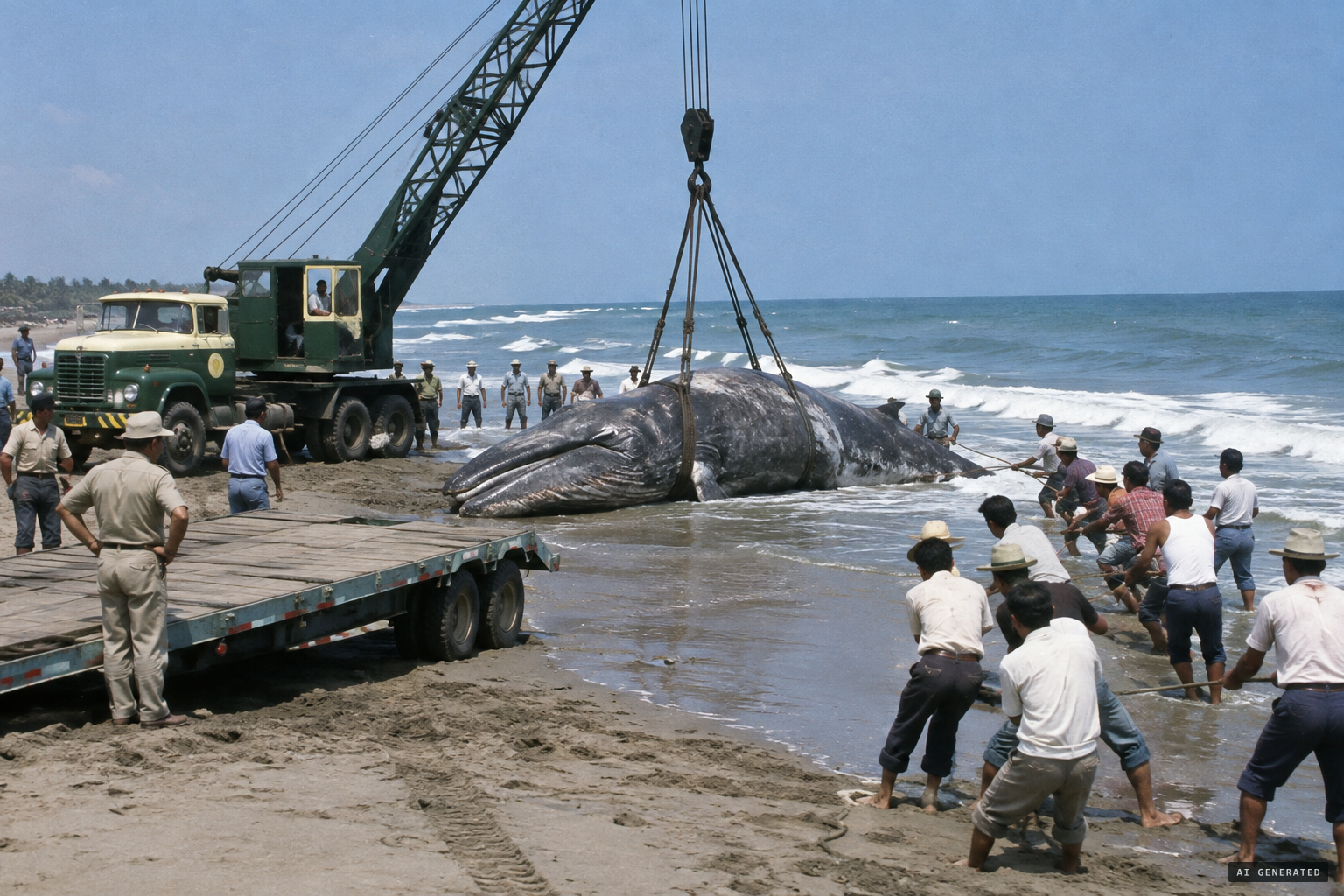 The PEMEX crane hauls the carcass out of the water