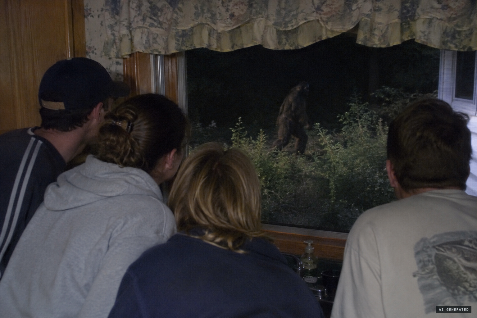 Nine people watch a large hair-covered figure walk upright past the window