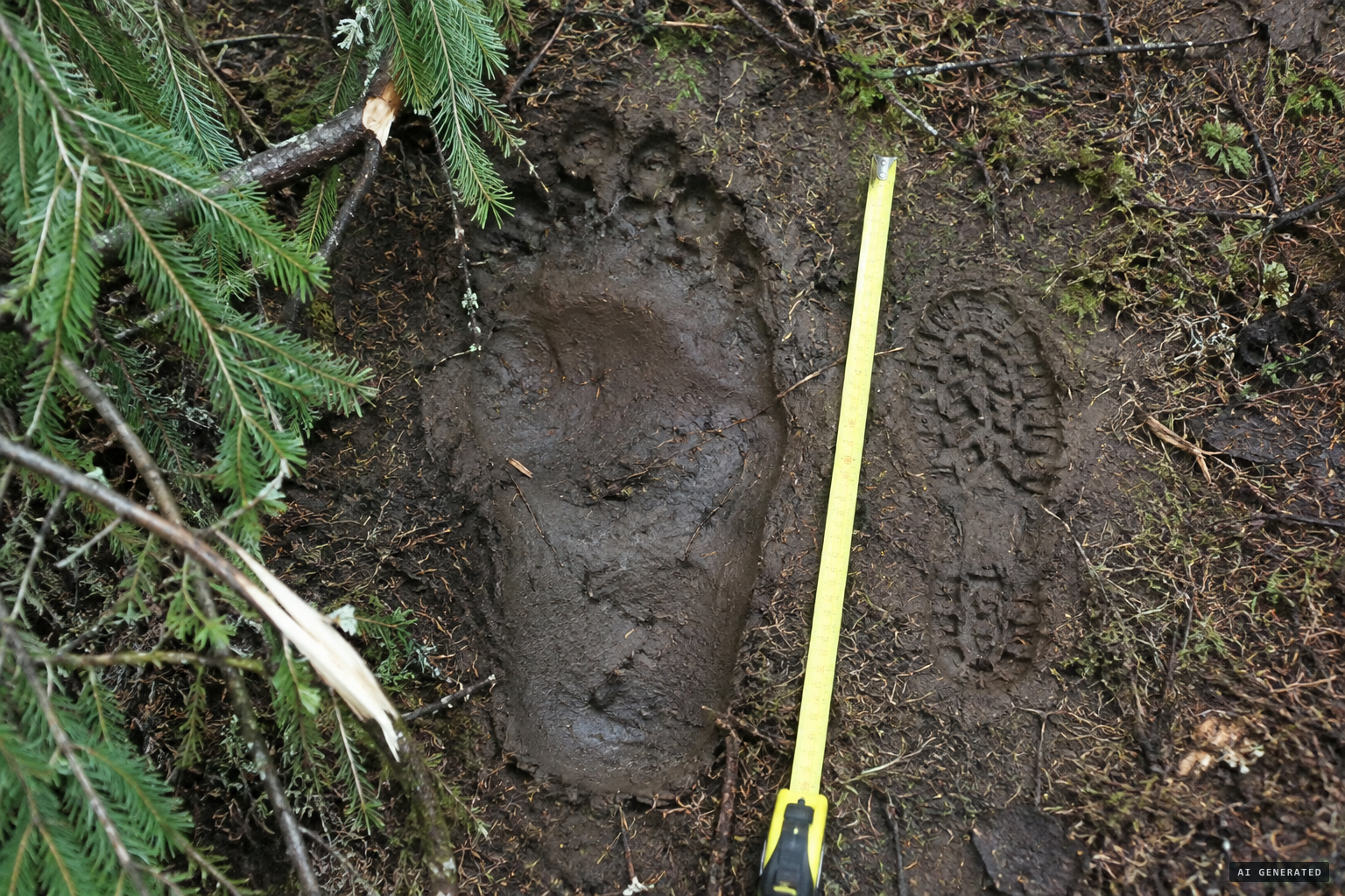 A huge footprint, twice the size of a human's, and broken branches