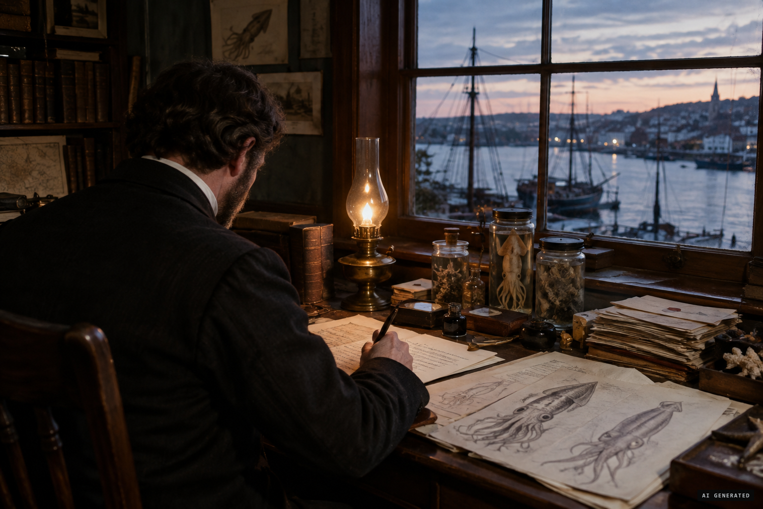 In St. John's, Moses Harvey collects reports of giant squid turning up on Newfoundland's coasts.