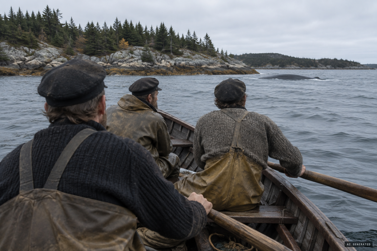 Stephen Sherring and two men row toward a bulky object they take for wreckage.