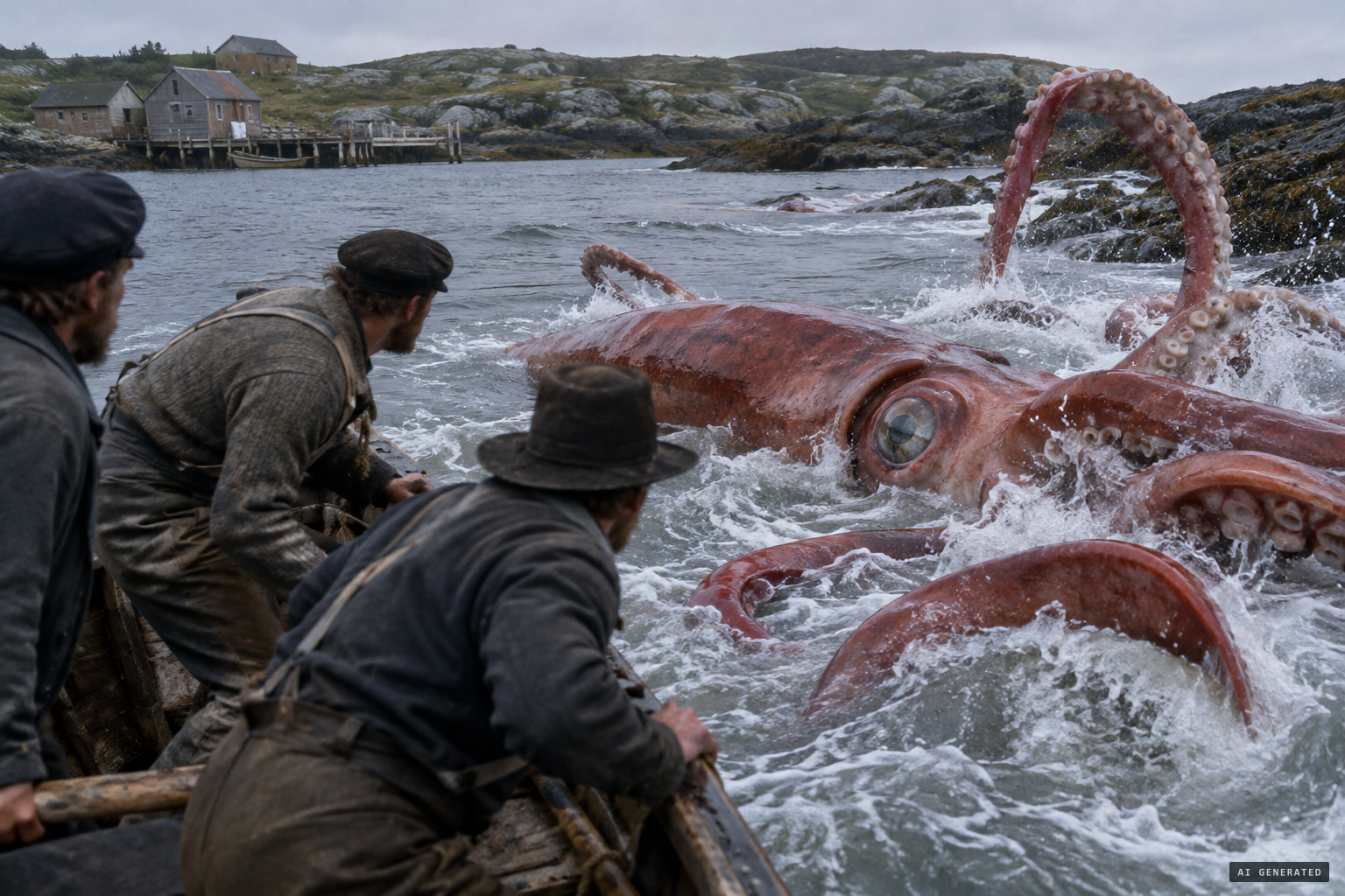 A huge fish with large glassy eyes, aground on the ebbing tide, churning the water into foam.