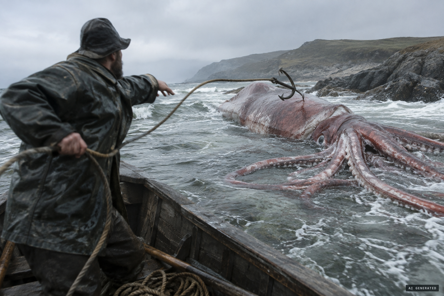 The fishermen throw the boat's grapnel; its barbed flukes sink into the soft body.