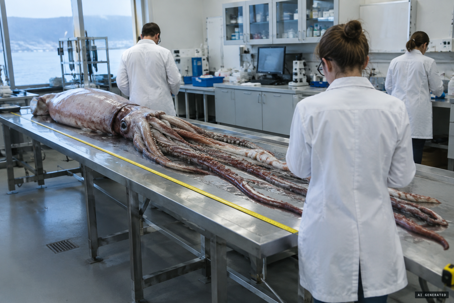 Examined giant squid reach about 13 metres; longer reports are usually stretched tentacles.