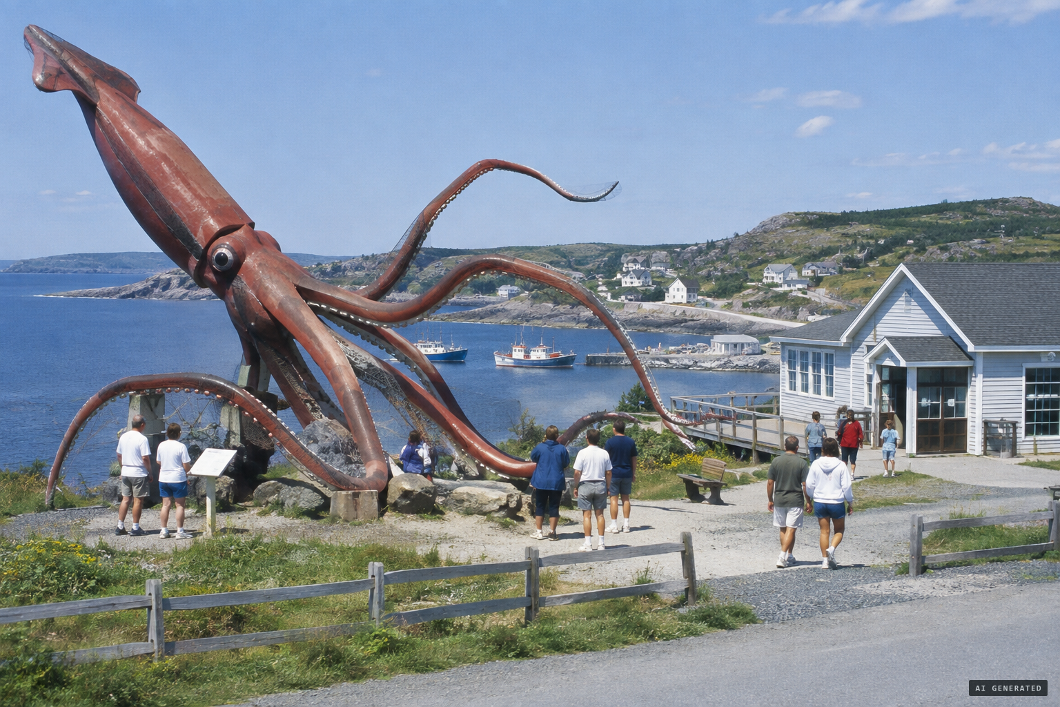 Glovers Harbour's life-sized 55-foot squid beside the Giant Squid Interpretation Centre.
