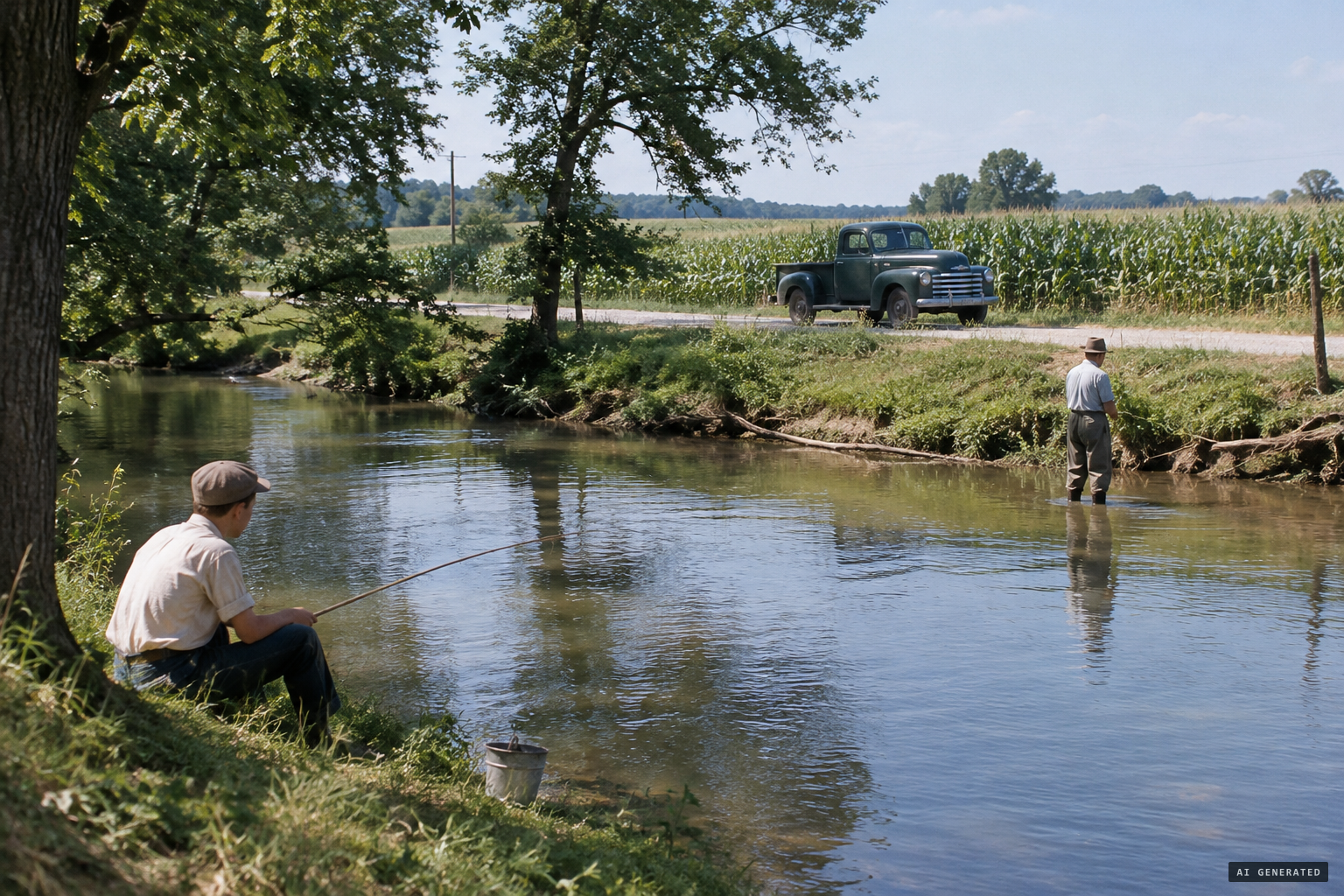 Sugar Creek, Thorntown's fishing holes and cornfield roads in summer 1949