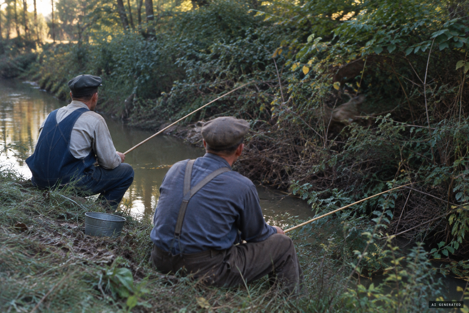 Gobby Jones and George Coffman fishing as the underbrush begins to rustle