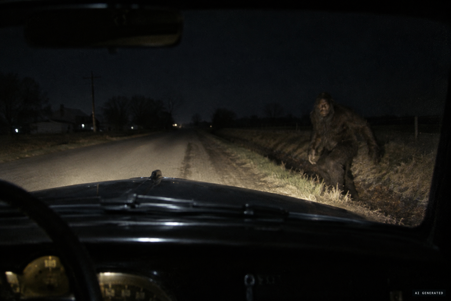 A figure steps out of a roadside ditch into passing headlights