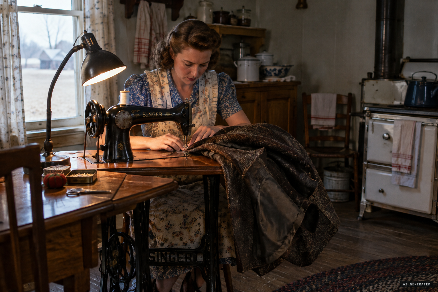 Pearl Birge sews the suit from an old horse hair coat