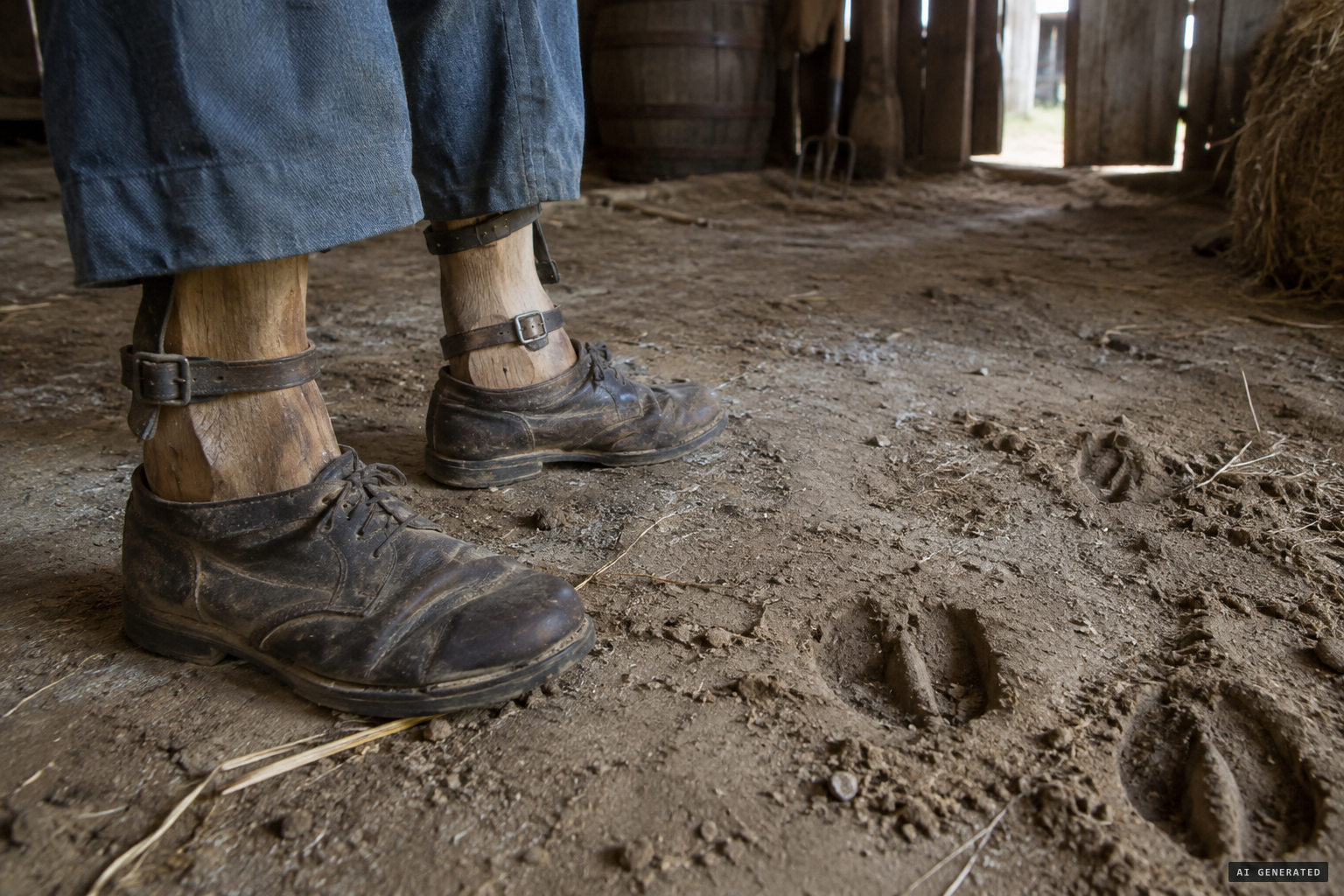 Wooden feet strapped to old shoes made the tracks
