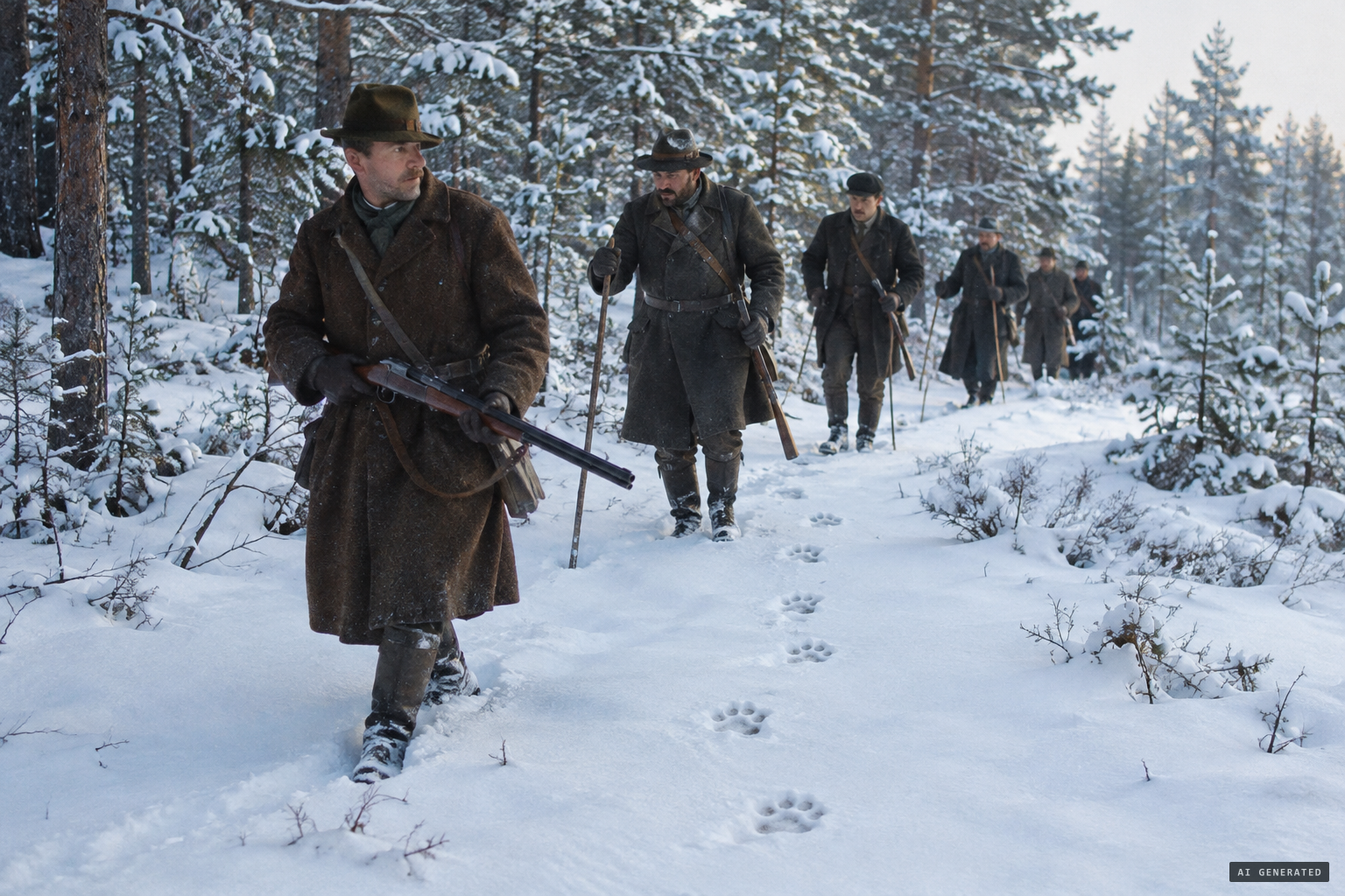 Hunters and beaters surround the fresh track in the new snow