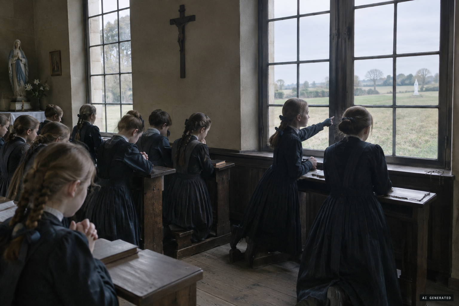 At prayer, a schoolgirl points to what looks like a statue of the Virgin in the field