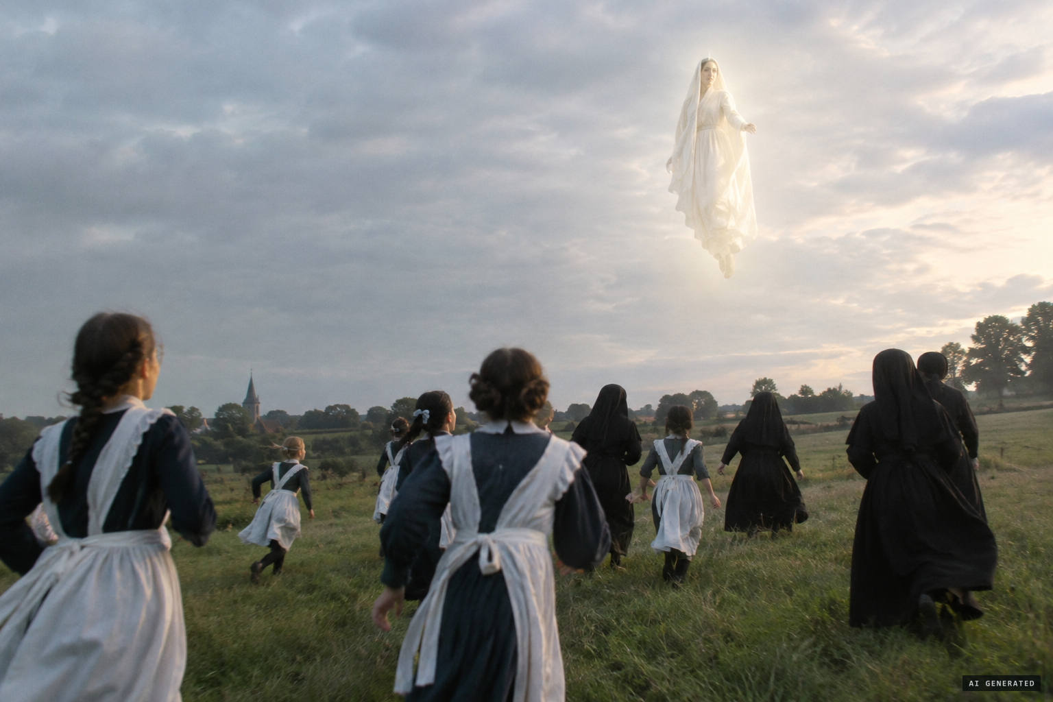 Pupils and nuns run out as a lady slowly descends from the sky