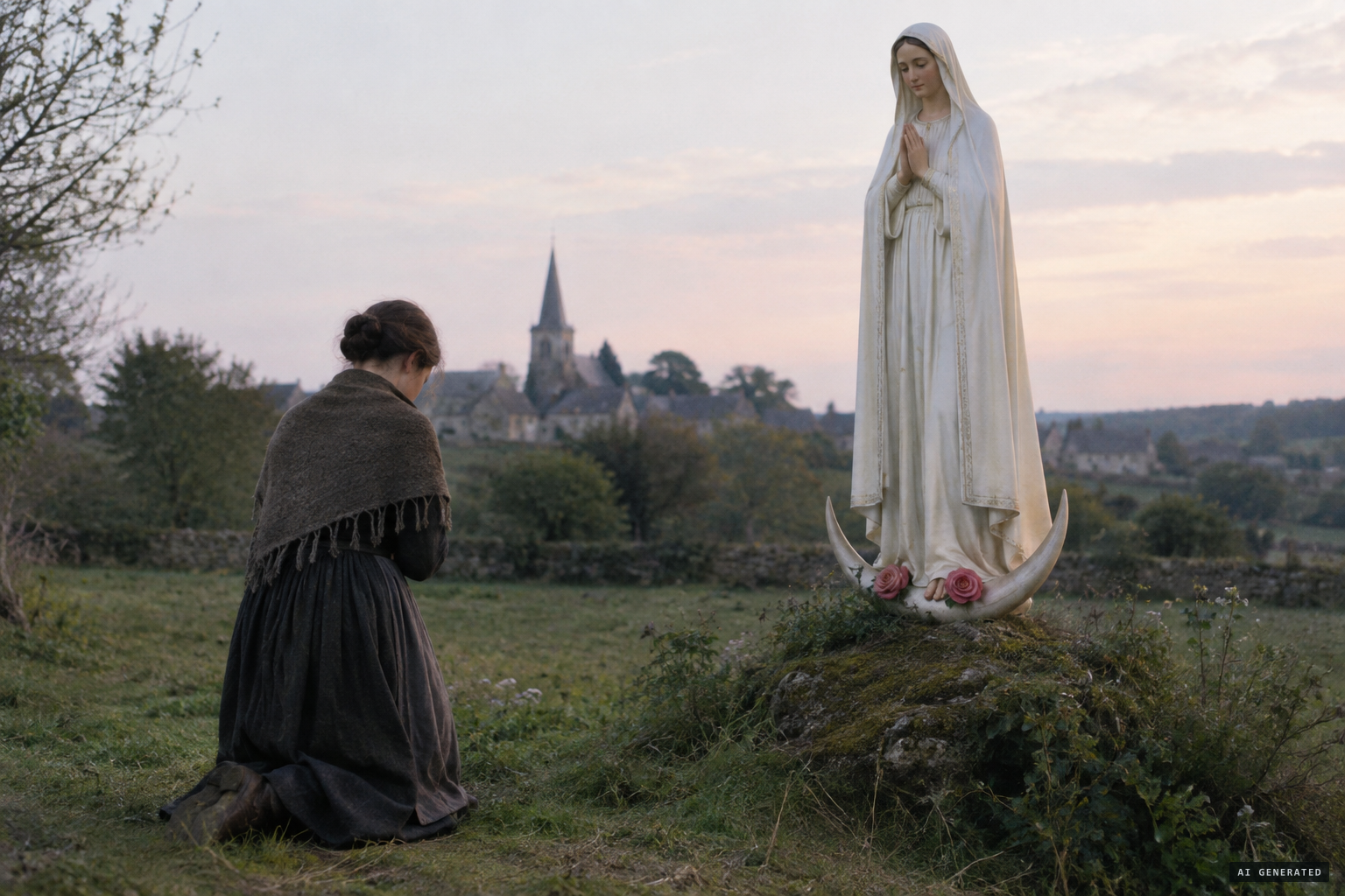 Marie Martel sees the Virgin on a crescent moon, a rose on each bare foot