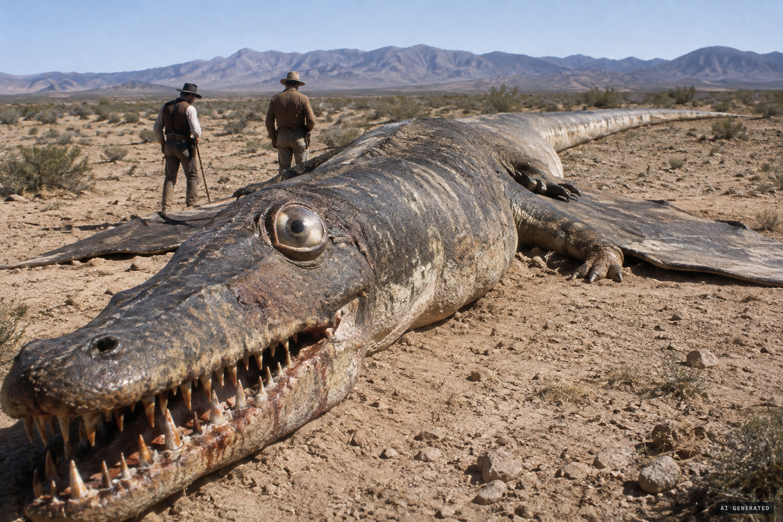 About 92 feet long, with an 8-foot head, sharp teeth and dinner-plate eyes