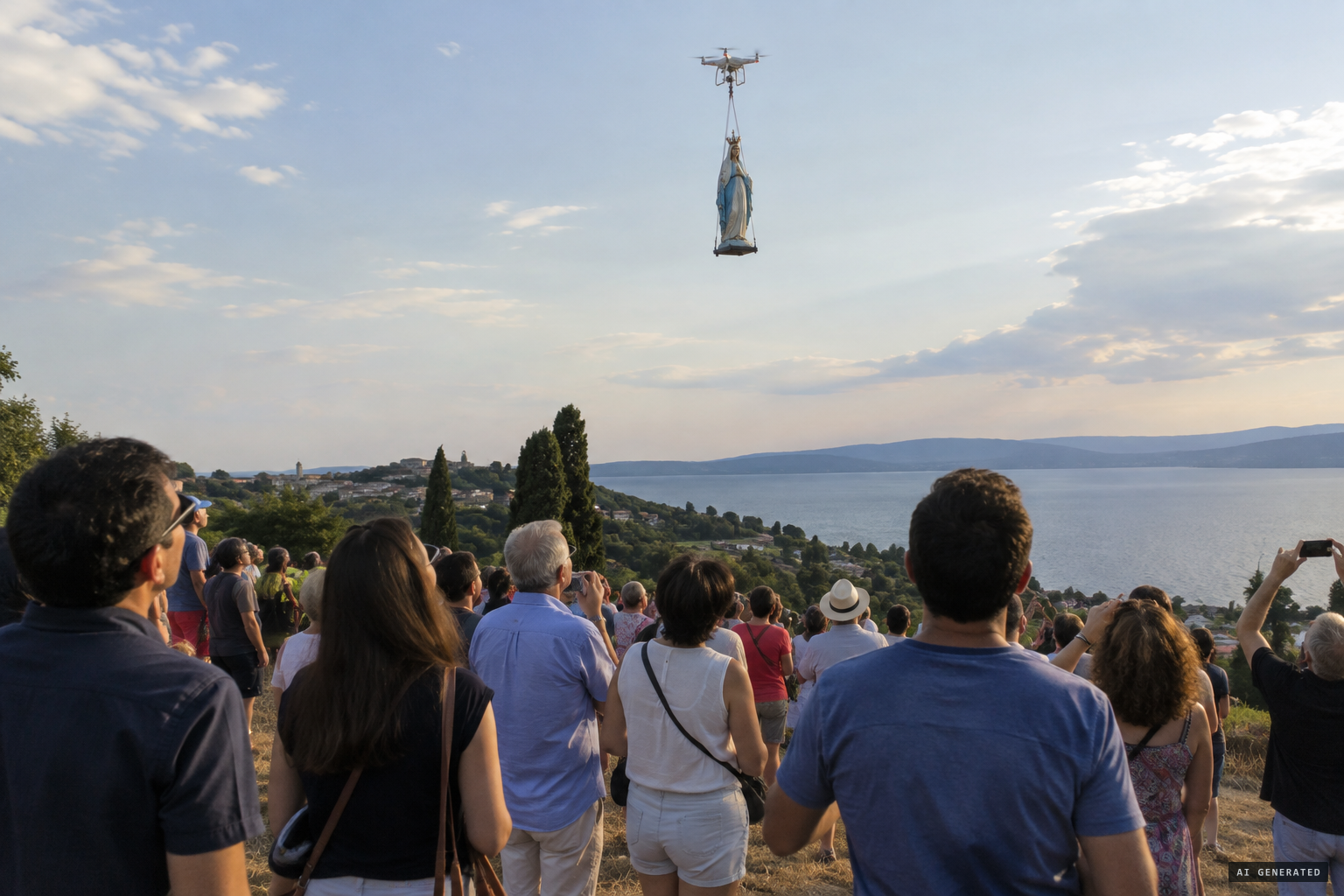 A Madonna statue on a drone flies over the crowd