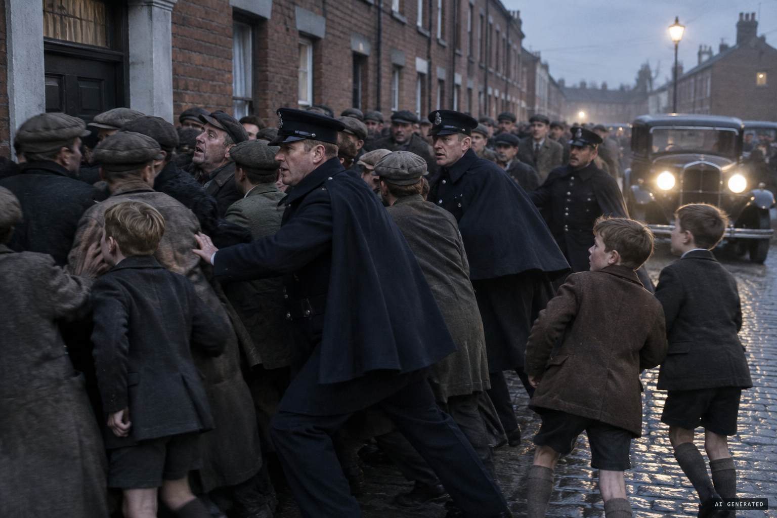 Thousands in the street, held back by police from Glenravel Street