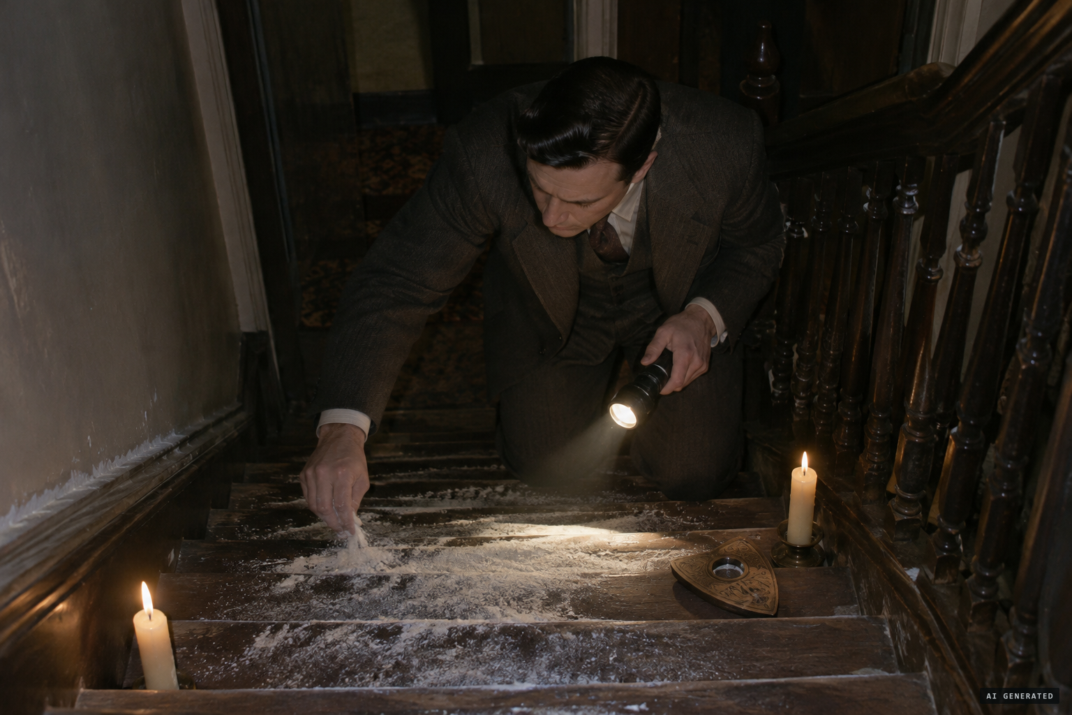 Mr Campbell spreads flour on the stairs to catch footprints
