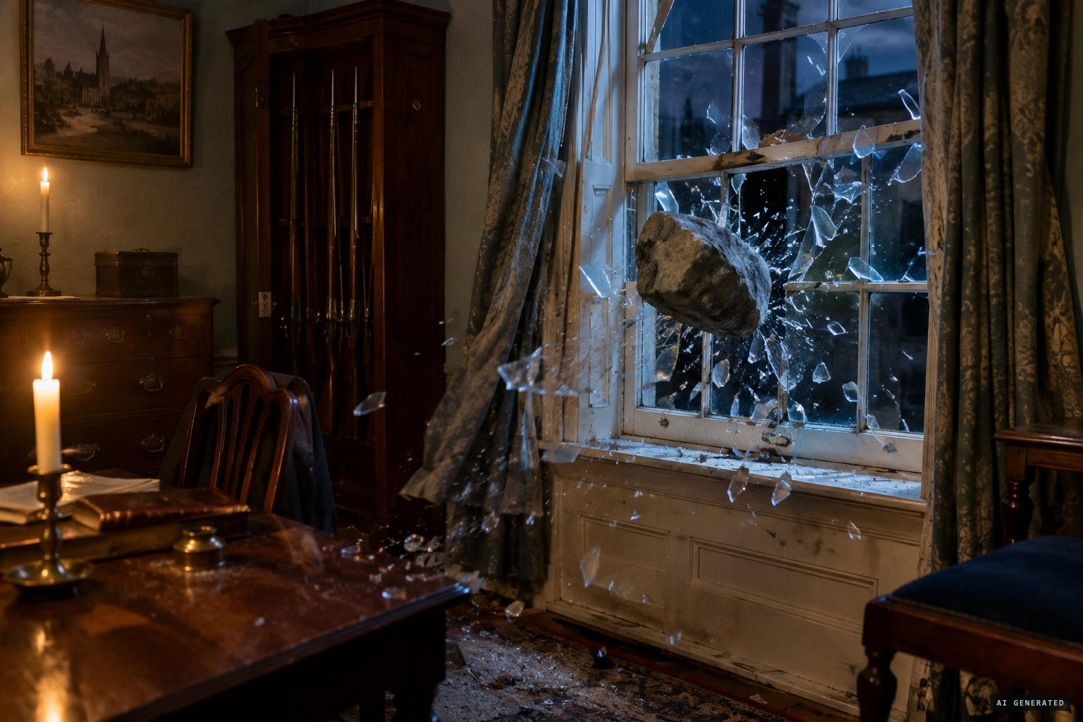 Stones smash the windows of the armoury house