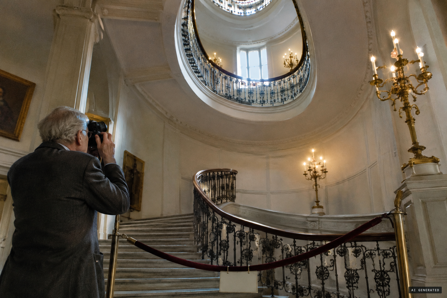 Hardy photographs the roped-off stairs, no flash, from behind the barrier