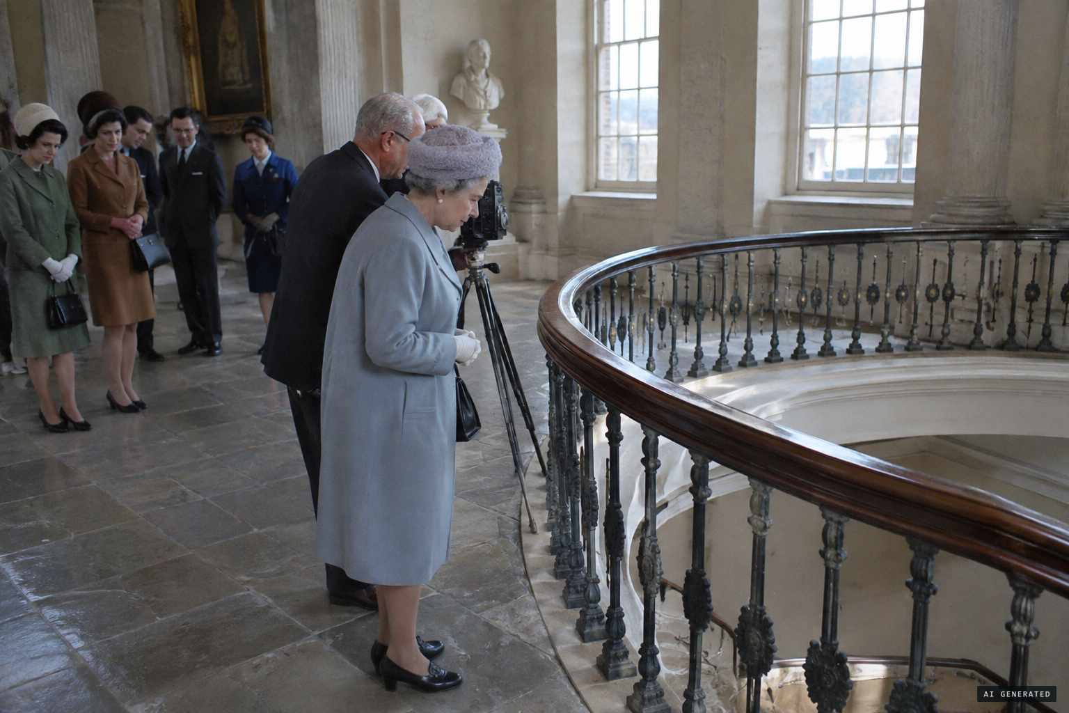 Mrs Hardy watches the stairway; visitors step back