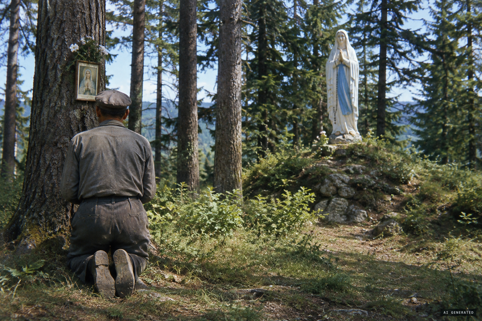 Matúš Lašut sees what he first takes for a statue of Our Lady of Lourdes on a mound