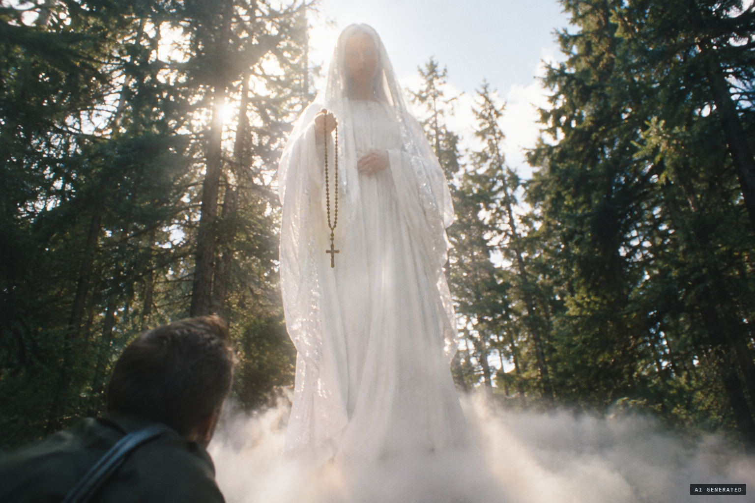 The figure is a living being on a cloud of light mist, shaking her rosary at him
