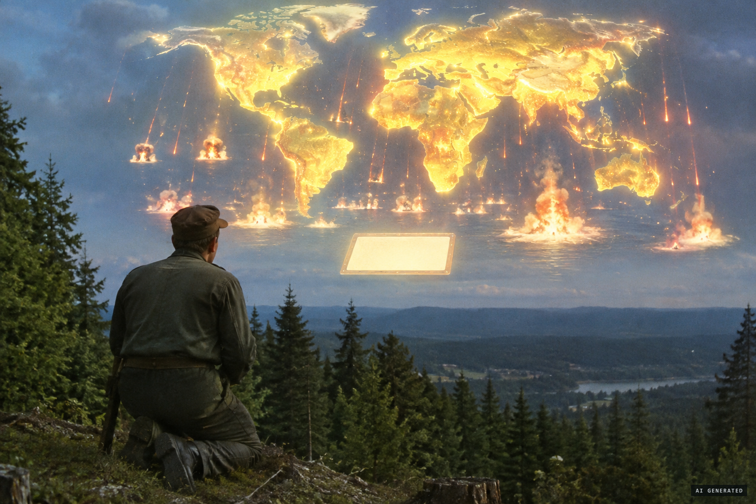 Lašut's wordless vision: yellow spreading over the globe, fiery rain and explosions at sea