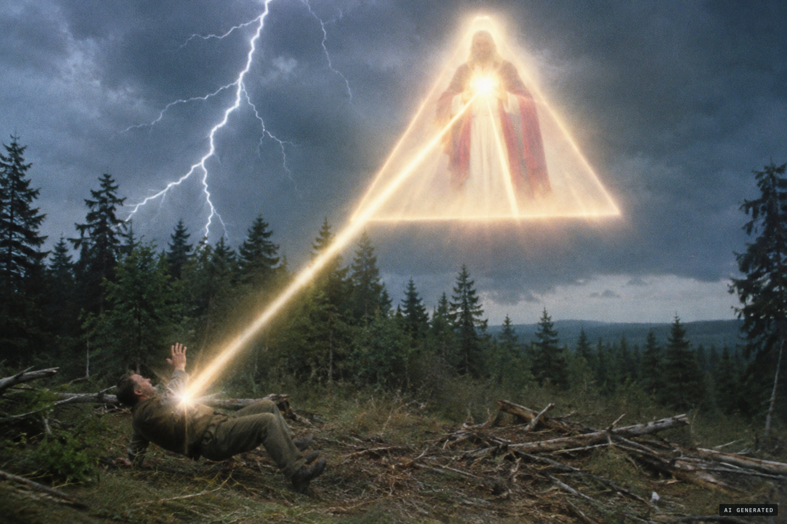 Christ appears in a glowing triangle, and a ray from his heart strikes Lašut down