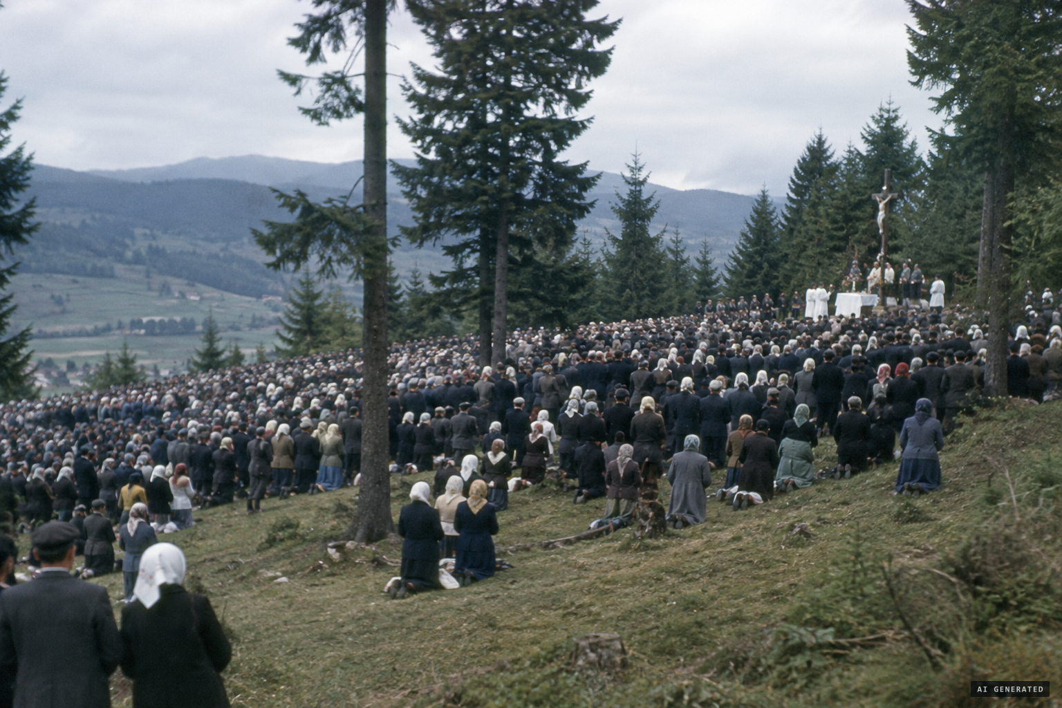 About 1,000 pilgrims gather on the hill the day after Lašut tells his story
