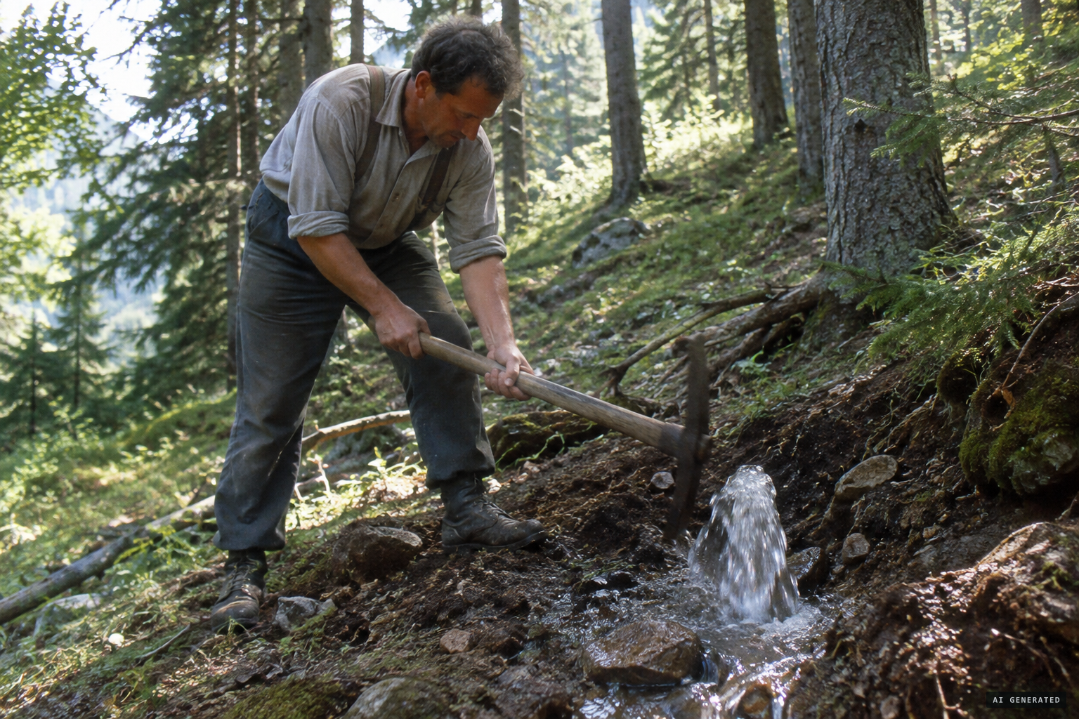 Juraj Kavalek strikes the ground with a pickaxe and a spring appears