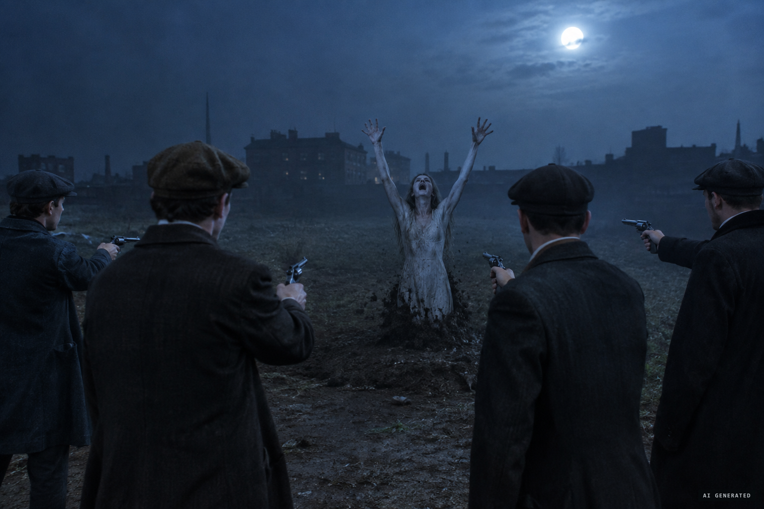 The white figure rises from the ground and waves its long, lean arms