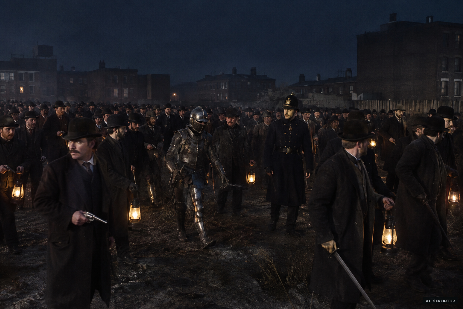 About 300 armed watchers, a man in old armor, and Policeman Holliday